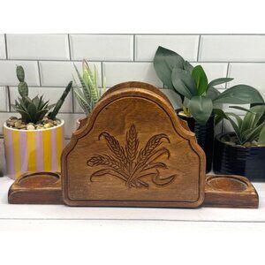 Vintage 80s Wooden Napkin Salt And Pepper Holder With Wheat Carving